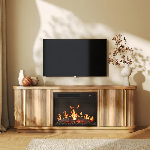 67" Sliding Tambour Doors Fluted Fireplace TV Stand