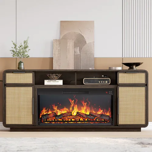 Bower 68" Mid-Century Modern Rattan Door Fireplace TV Stand