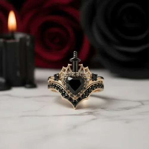 Queen of Hearts- Heart Shape Diamond Option Gothic Wedding Ring